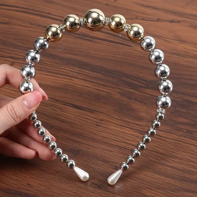 Elegant Beaded Simulated Pearl Hair Bands for Women and Girls in Black, White, Silver, Gold