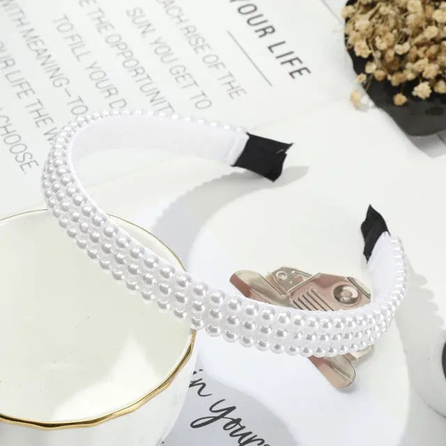 Elegant Beaded Simulated Pearl Hair Bands for Women and Girls in Black, White, Silver, Gold