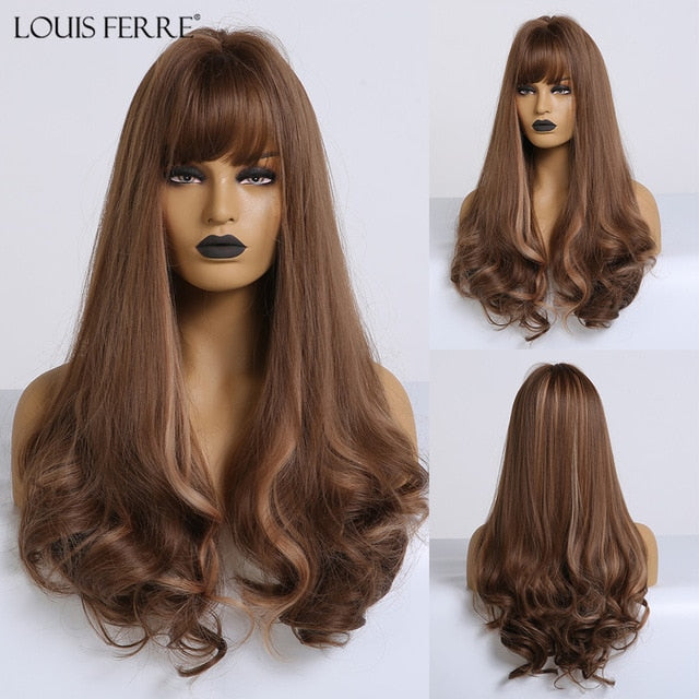 Long Wavy Synthetic Wigs for Women and Girls With Highlights and Middle Part - Heat Resistant