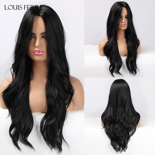 Long Wavy Synthetic Wigs for Women and Girls With Highlights and Middle Part - Heat Resistant
