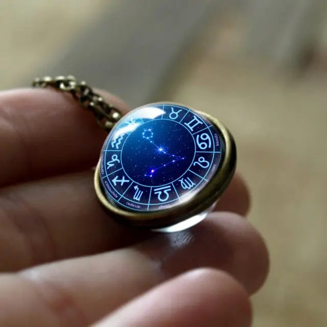 Zodiac Double Sided Glass Pendant Necklace for Men and Women
