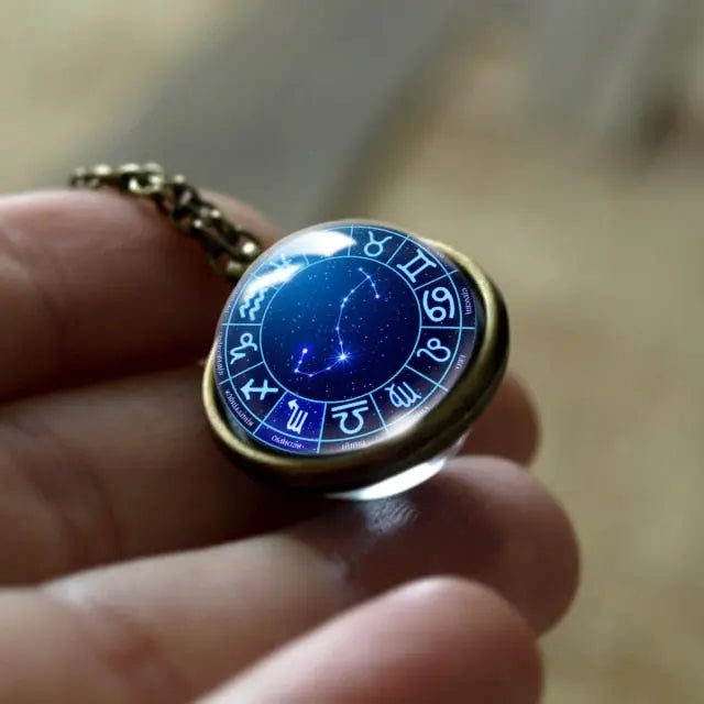Zodiac Double Sided Glass Pendant Necklace for Men and Women
