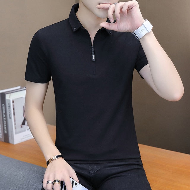 Turn-down Collar T-Shirt for Men and Boys in Cotton and Spandex, in 4 Solid Colors