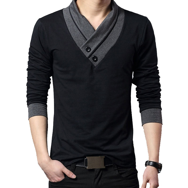 Patchwork Collar Long Sleeve T Shirt for Men & Boys, V-Neck, Cotton/Spandex, Plus Sizes