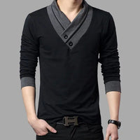 Patchwork Collar Long Sleeve T Shirt for Men & Boys, V-Neck, Cotton/Spandex, Plus Sizes