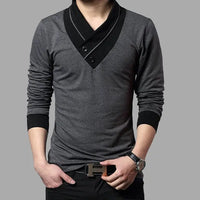 Patchwork Collar Long Sleeve T Shirt for Men & Boys, V-Neck, Cotton/Spandex, Plus Sizes