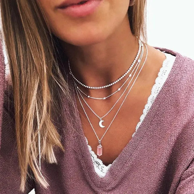 Elegant and Simple Multi-Layer Necklaces in Silver and Gold for Women and Girls
