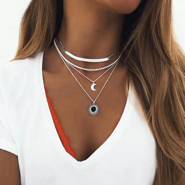 Elegant and Simple Multi-Layer Necklaces in Silver and Gold for Women and Girls