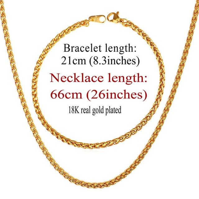 Trendy Wheat Chain Necklace/Bracelet Set for Men and Boys in Gold/Silver/Black