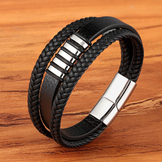 Punk Style Design Genuine Leather Bracelet for Men and Boys With Magnetic Clasp