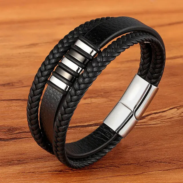 Punk Style Design Genuine Leather Bracelet for Men and Boys With Magnetic Clasp