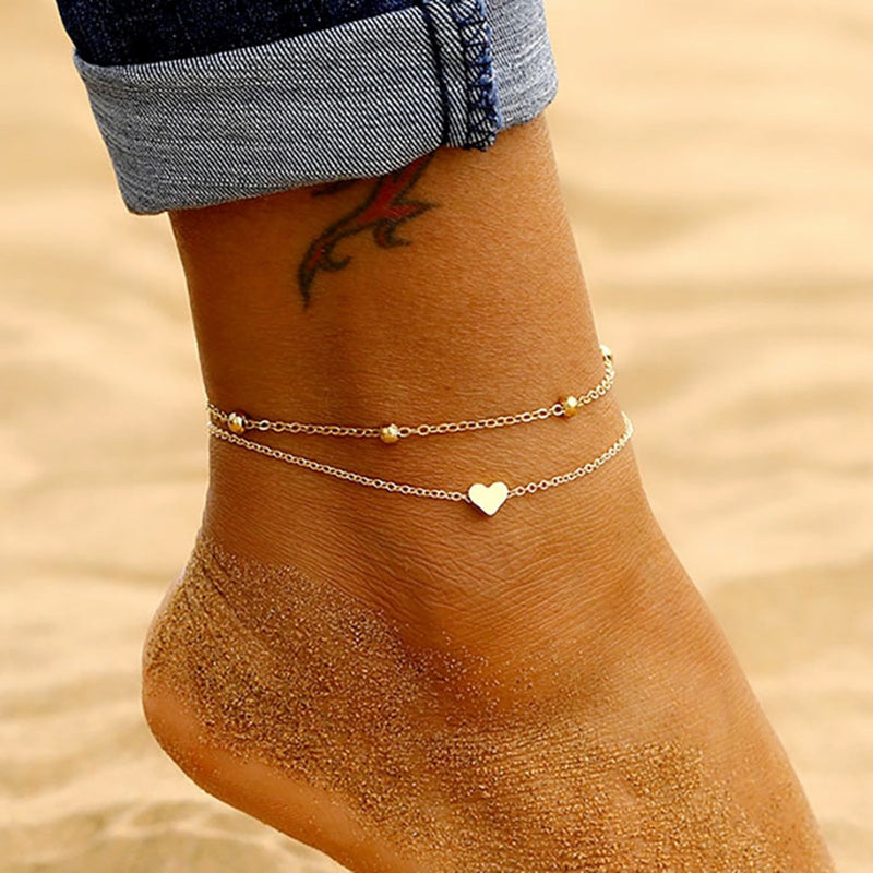 Heart Shaped Anklets for Women and Girls - Barefoot Sandal Jewelry in Gold and Silver