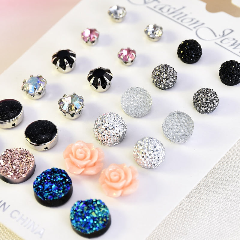 Crystal Stud Earring Sets With Push-on Backs for Women and Girls - 12 Pair